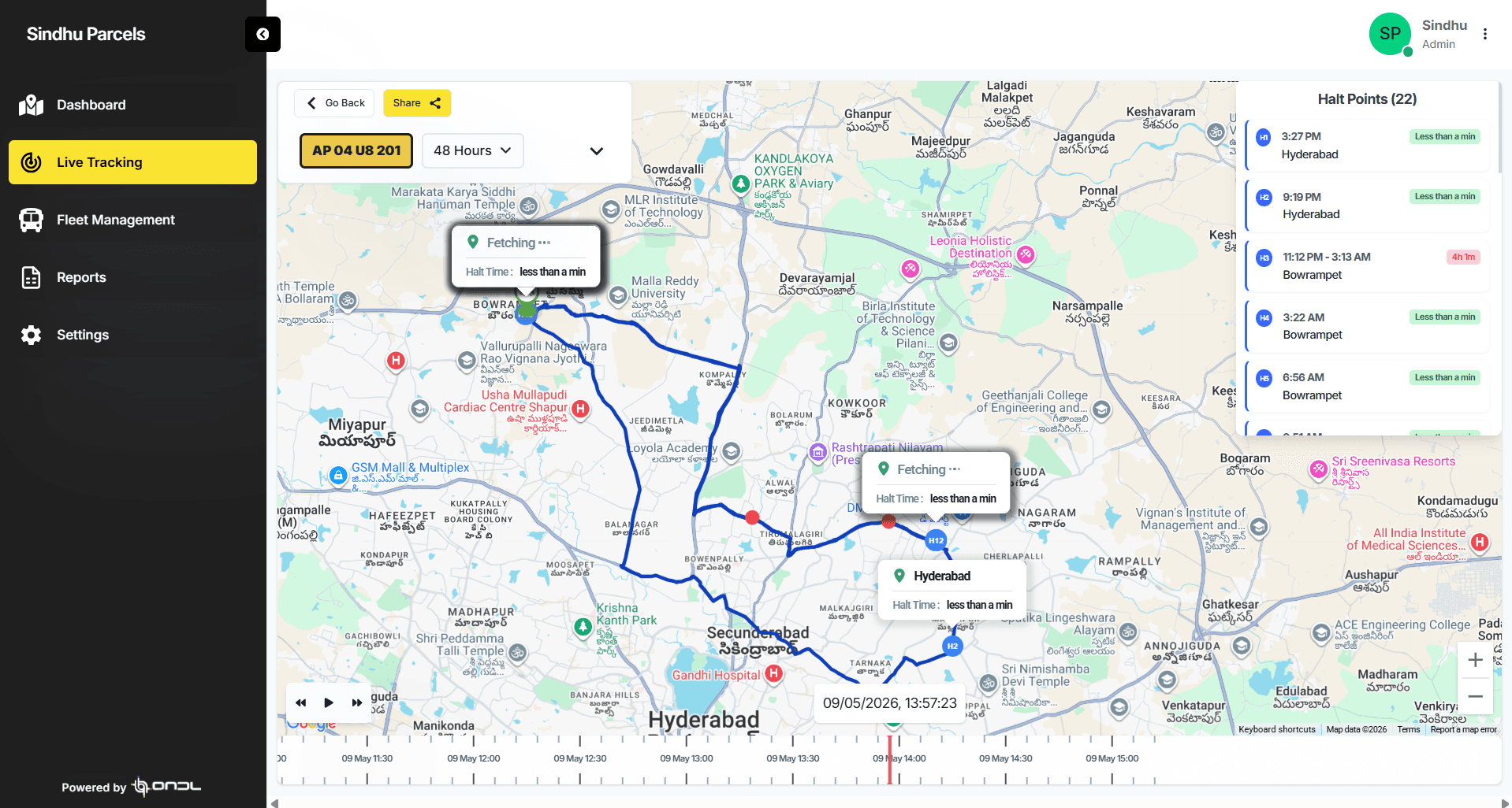 Kudra — live trip tracking with halt-point timeline